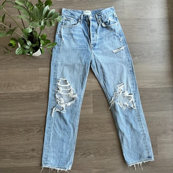 Agolde Light Blue Distressed Straight Leg Jeans - Picture 1 of 14